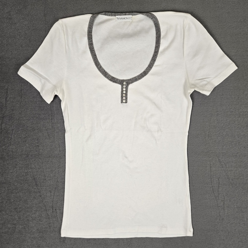 Rivamonti Shirt Womens Medium White Gray Trim Henley Quiet Luxury Minimalist
